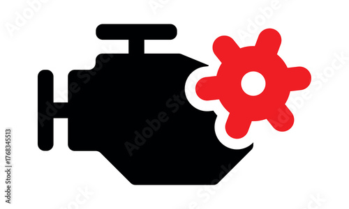 Engine diagnostics icon with red gear for vehicle fault detection and mechanical evaluation