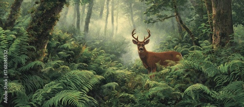 Buck Standing Alert in Lush Green Forest with Misty Background