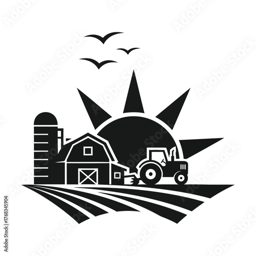 Farm scene with barn, silo, tractor, and sun rising over fields, symbolizing agriculture and rural life