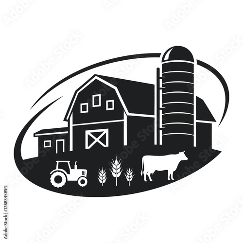Monochrome farm vector icon with barn, silo, tractor, cow, and wheat. Ideal for agricultural branding, rural business logos, and sustainable food industry designs