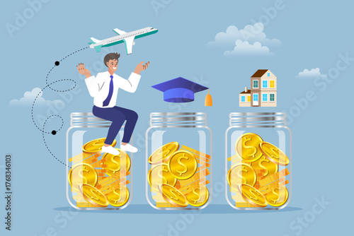 A man sits on a glass jar of coins for travel, with other jars for education and a house. This concept illustrates saving money for different life goals, financial planning, and budgeting.