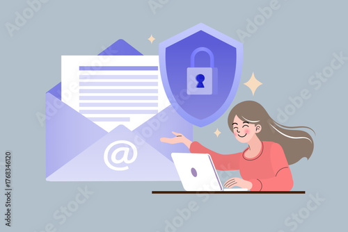 A woman at a laptop with a secure email icon. A shield and lock symbolize cybersecurity, data protection, privacy, anti-spam, and antivirus technology for internet and network safety.