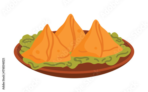 Traditional Saudi Arabian samosas served on a plate with lettuce, isolated on white background vector illustration