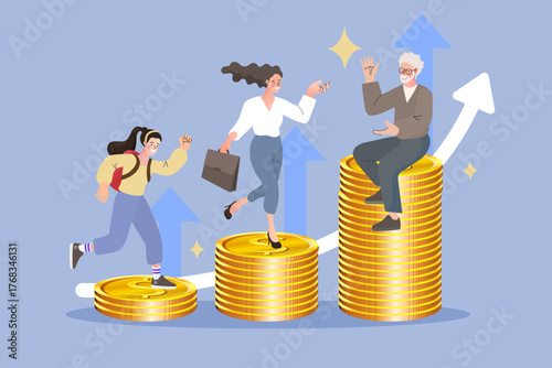 People in different life stages (student, worker, senior) on growing stacks of coins. This concept illustrates life cycle financial planning, saving for retirement, and investment growth over time.