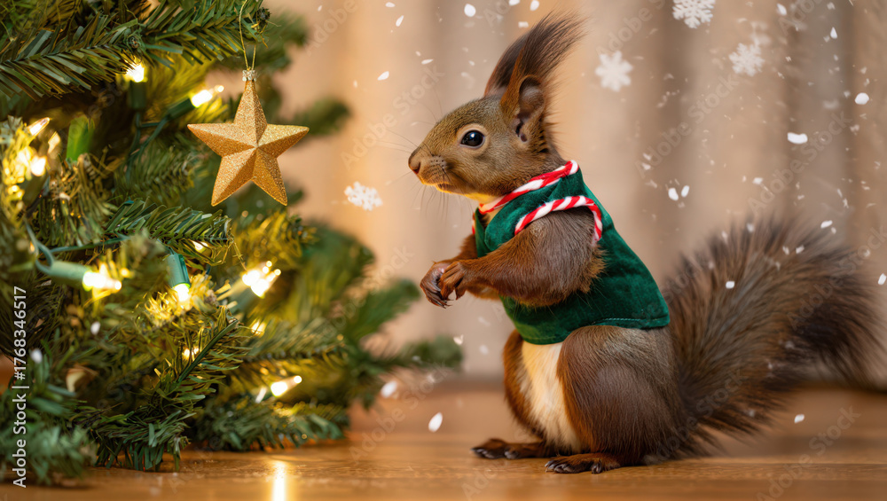 Obraz premium Adorable Squirrel Decked Out in Festive Green Vest Next to a Sparkling Holiday Tree with a Golden Star Ornament, Creating a Whimsical Winter Scene Indoors