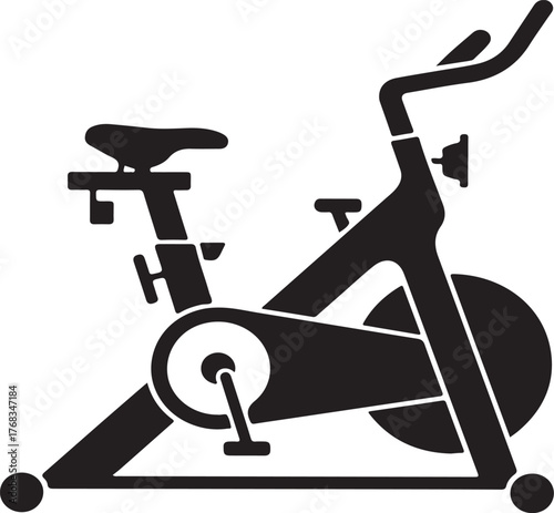 Black silhouette of a stationary exercise bicycle with handlebars seat and wheel stationary bike