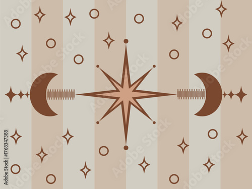 A central starburst two opposing crescent moons and scattered stars and circles on a striped