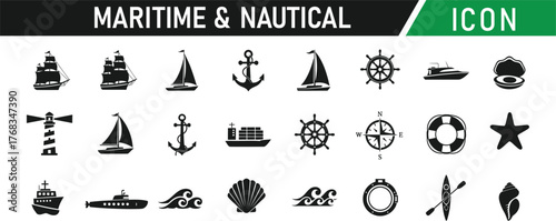 Maritime and nautical glyph icon set. Including Anchor, Compass, Ship Wheel, Lighthouse, Sailboat, Nautical Star, Knot, Lifebuoy, Seagull, Waves. Vector silhouette illustration