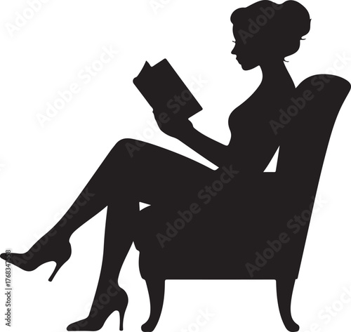 Silhouette of a woman in high heels reading a book while sitting in an armchair vector