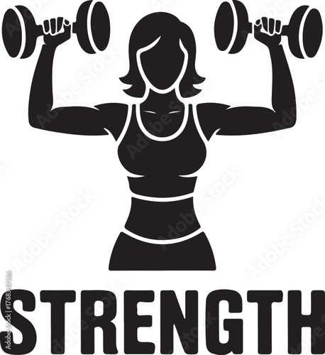 Silhouette of a woman lifting dumbbells with the word strength below weights