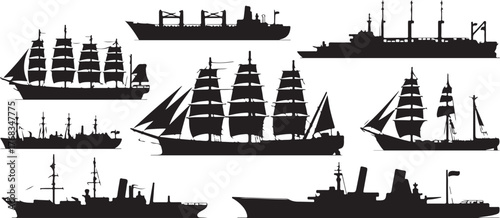 Nautical vector silhouettes of various cargo, cruise, fishing, and military vessels for sea transportation illustration