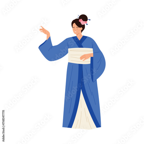 Smiling Japanese woman in blue kimono with floral hairpin, standing isolated on white vector illustration