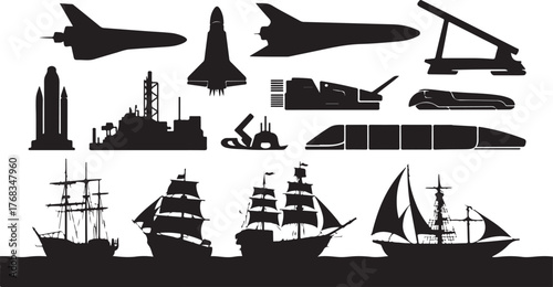 This vector art features a set of travel icons with various transport and landmark silhouettes, including a black and white ship, boat, yacht, and other sea vessels for nautical and ocean voyages