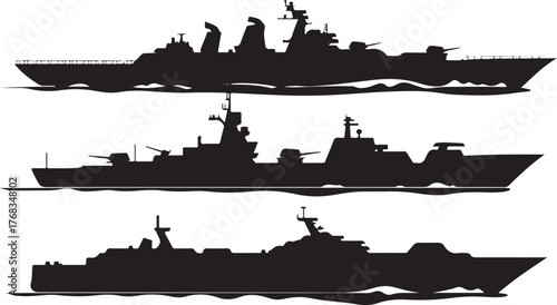 Black vector silhouette of a cargo ship and city skyline with architecture towers, isolated on white, perfect for a nautical travel illustration