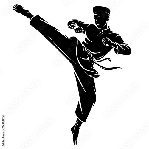 A black silhouette of a martial artist executing a powerful high kick (tendangan), capturing the dynamic motion of Silat or another fighting sport.