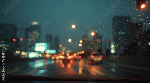 A POV cinematic still from a car window at night, with blurred city lights creating a melancholic, reflective atmosphere full of emotion and solitude.
