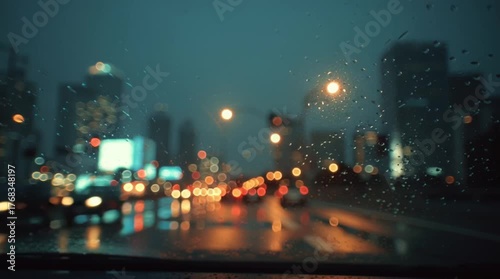 A POV cinematic still from a car window at night, with blurred city lights creating a melancholic, reflective atmosphere full of emotion and solitude.
