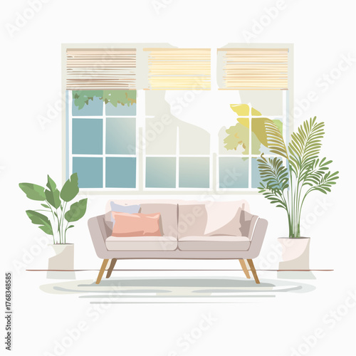 Cozy Living Room Interior Design Sofa, Plants, and a Bright Window View