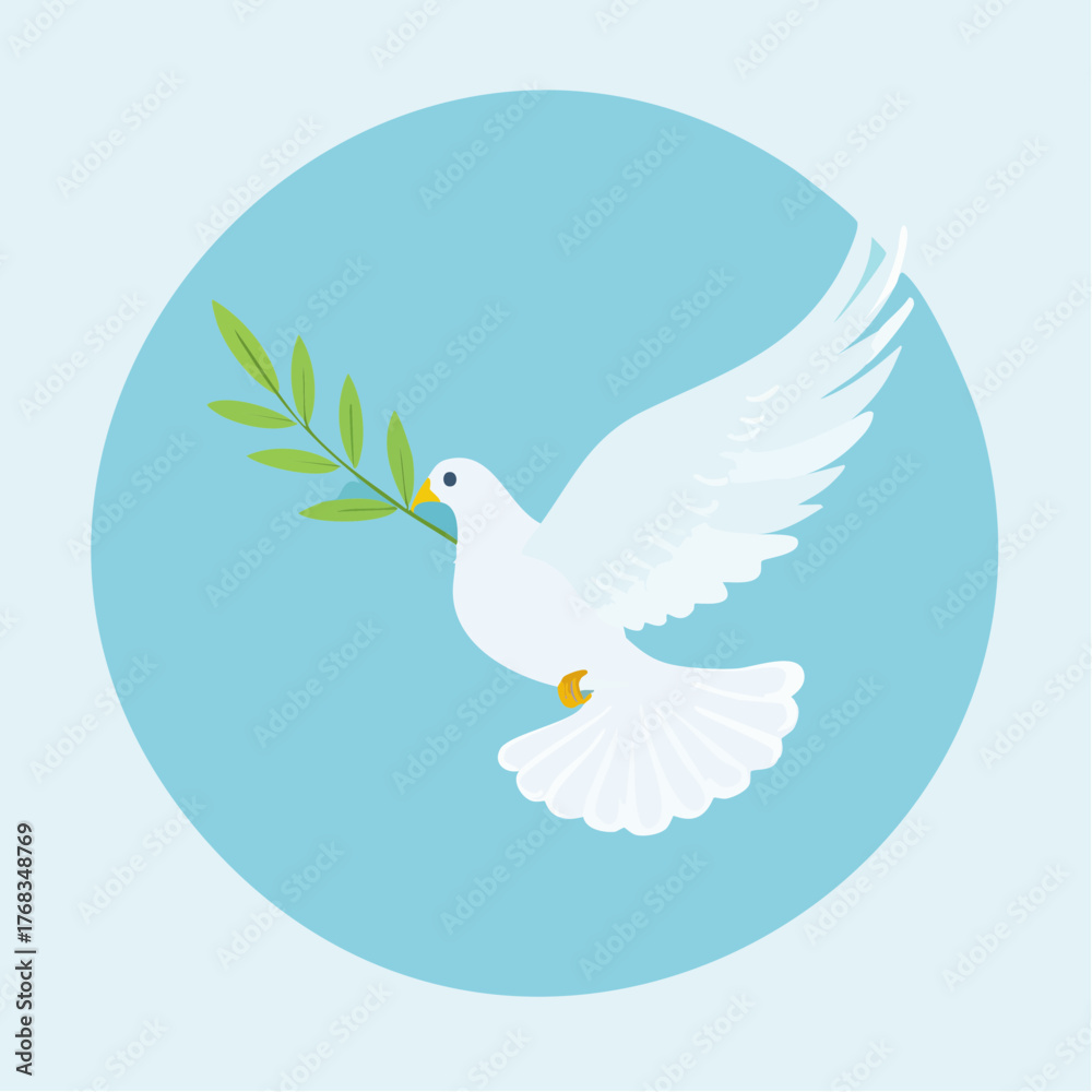 Obraz premium A white dove carrying a green olive branch symbolizing peace and hope in a soft blue circle