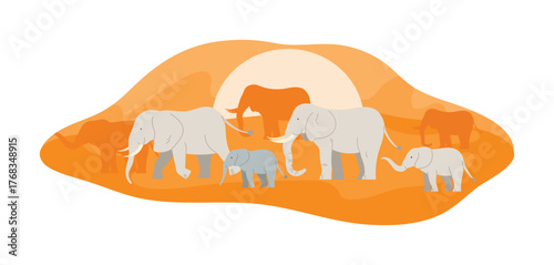 Isolated group of African elephants walking in Mali savanna at sunset, wildlife concept vector illustration