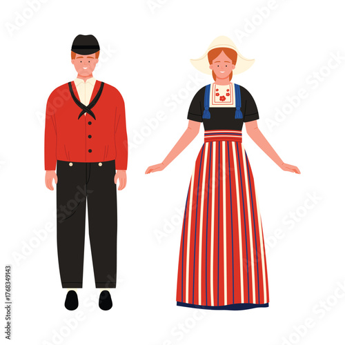 Man and woman in classic Netherlands folk costume on white isolated background vector illustration