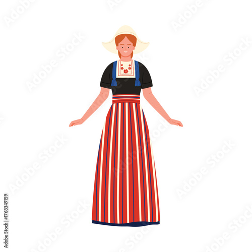 Colorful Dutch woman wearing striped traditional dress and hat on white background isolated vector illustration