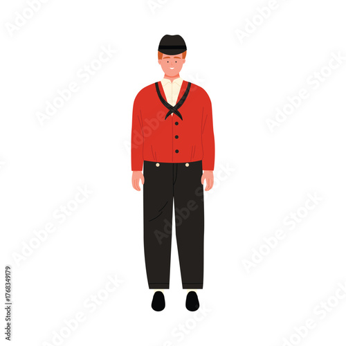 Smiling man wearing traditional Netherlands folk costume on white background, isolated vector illustration