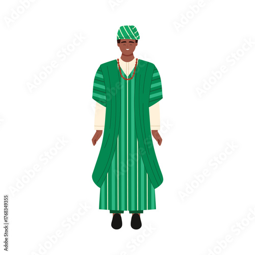 Smiling Nigerian man wearing green agbada and cap, isolated on white background vector illustration