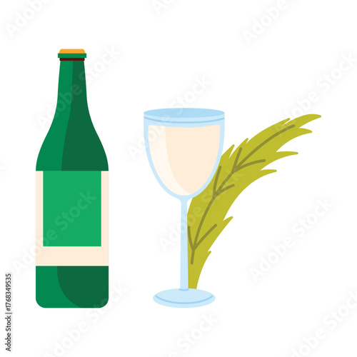 Traditional Nigerian palm wine bottle and glass with palm leaf on white isolated vector illustration