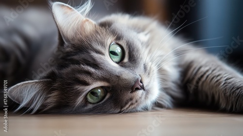 Gray Longhair Cat Laying Down with Green Eyes Relaxing Indoors