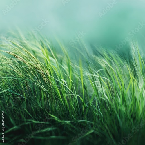 Green Grass Field Blowing in Teal Wind, Serene Nature Background