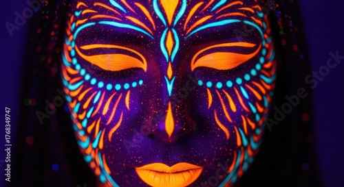 Wallpaper Mural Close up of a womans face with neon uv face paint in the dark Torontodigital.ca
