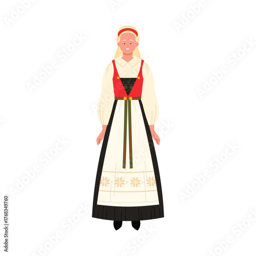 Smiling Norwegian woman wearing national bunad dress on white background, isolated vector illustration