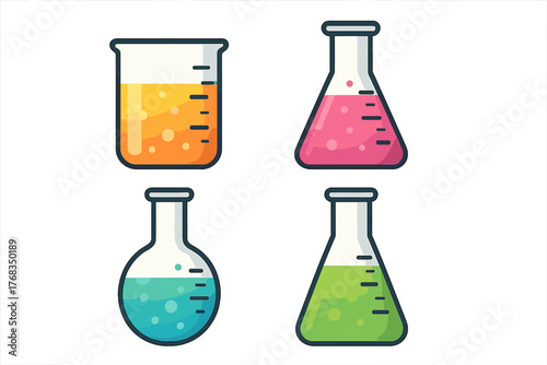 Chemistry laboratory glassware set with beaker, Erlenmeyer flask, and round bottom flask containing colorful liquids