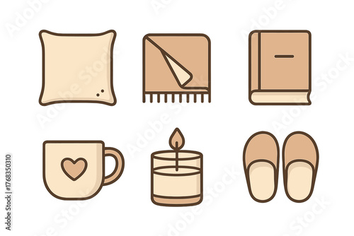 Minimalist set of cozy home comfort items pillow blanket book mug candle slippers