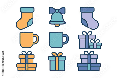 Festive holiday icons set featuring stockings, gift boxes, mugs, and a ringing bell