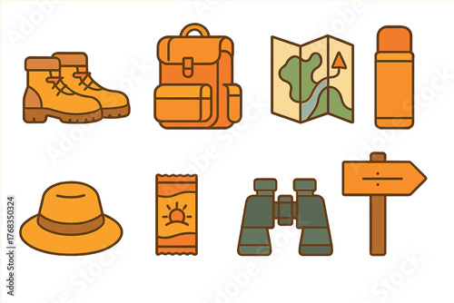 Essential hiking and camping gear set featuring boots, backpack, map, binoculars, and thermos