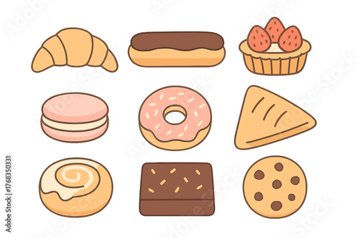 Cute collection of various baked goods and sweet desserts including donuts, cookies, and pastries