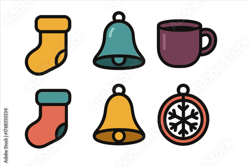 Colorful winter holiday set featuring Christmas stockings, ringing bells, hot beverage mug, and snowflake ornament