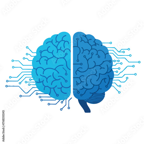 Human brain connected to circuits on white background, ideal for technology and neuroscience concepts. Science, ai, brain research, innovation visuals.