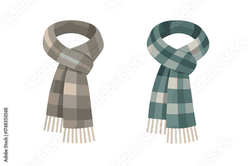 Pair of warm plaid scarves in muted gray and teal tones for cold weather apparel
