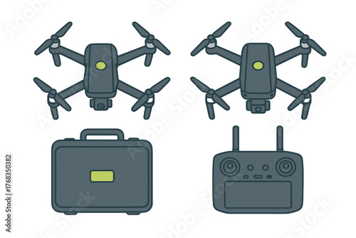 Modern quadcopter drones, remote controller, and protective carrying case for aerial equipment