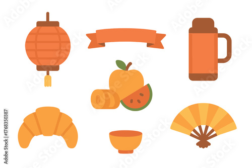 Set of various orange and brown objects including a lantern, thermos, croissant, and fruit