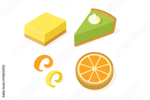 Isometric collection of citrus desserts including lemon bar, key lime pie, and orange slice