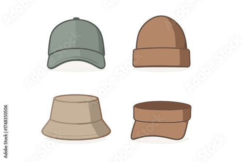 Collection of casual headwear items: baseball cap, knit beanie, bucket hat, and sun visor