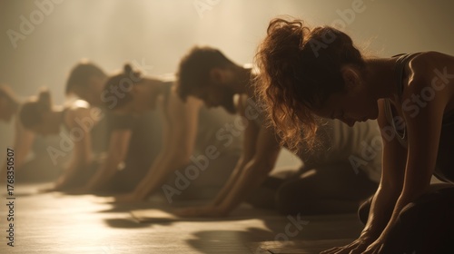 Group of dancers practicing in a studio during a soft lit afternoon, showcasing their focus and dedication to the art of movement and dance
