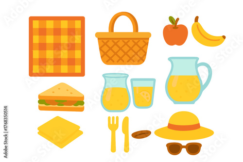 Set of essential items for a summer picnic: food, drinks, blanket, and basket