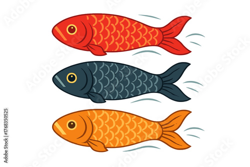 Three stylized fish in red dark blue and orange colors swimming together