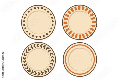 Collection of four ceramic plates featuring various rustic and geometric border designs