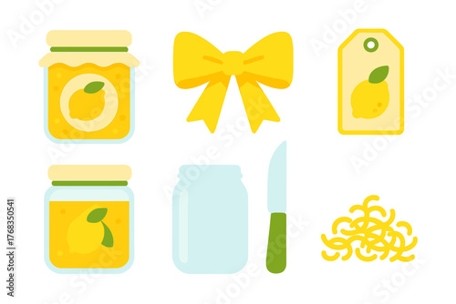 Homemade lemon jam jars, kitchen knife, zest, and canning supplies with yellow ribbon